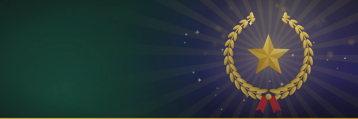 Gold laurel wreath around a gold star with a red ribbon tie on a deep indigo starburst