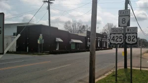 Commercial buildings along a street in Hamburg, Arkansas, county seat of Ashley County