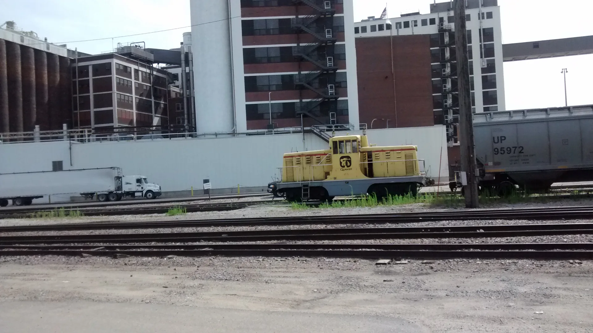 Quaker Oats plant buildings and a rail yard in Cedar Rapids, Iowa.