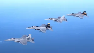 U.S. Navy F/A-18 aircraft flying in formation over the Gulf of Oman