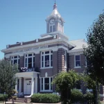 The Cleveland County Courthouse in Rison, Arkansas, a brick building with a white clock tower, framed by trees