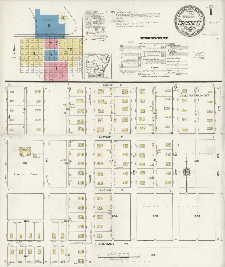 Hand-colored 1921 fire insurance map title sheet for Crossett, with a round title seal, a small color-coded key map of the map sheets covering town, a printed index, and blocks of outlying buildings below.