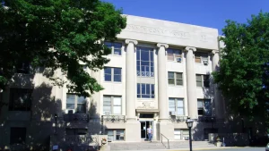 Front of the Drew County Courthouse in Monticello, Arkansas, with tall columns, trees on both sides and a person on the front steps