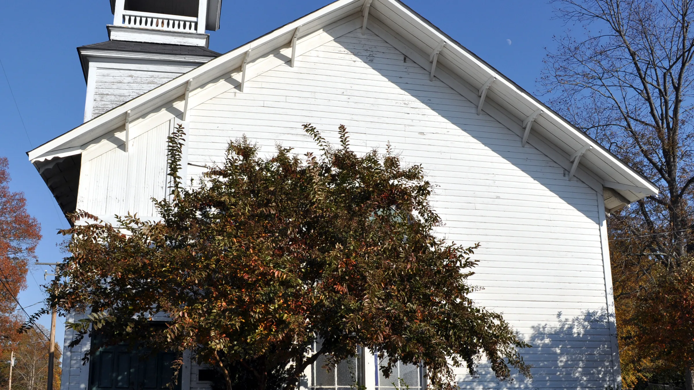 Hamburg Presbyterian Church, a white frame church with a bell tower, in Hamburg, Arkansas.