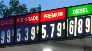 Gas station price sign showing mid-grade, premium and diesel prices in Eugene, Oregon