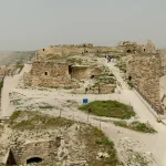 The upper court of Karak Castle and the surrounding hills in Al Karak, Jordan.