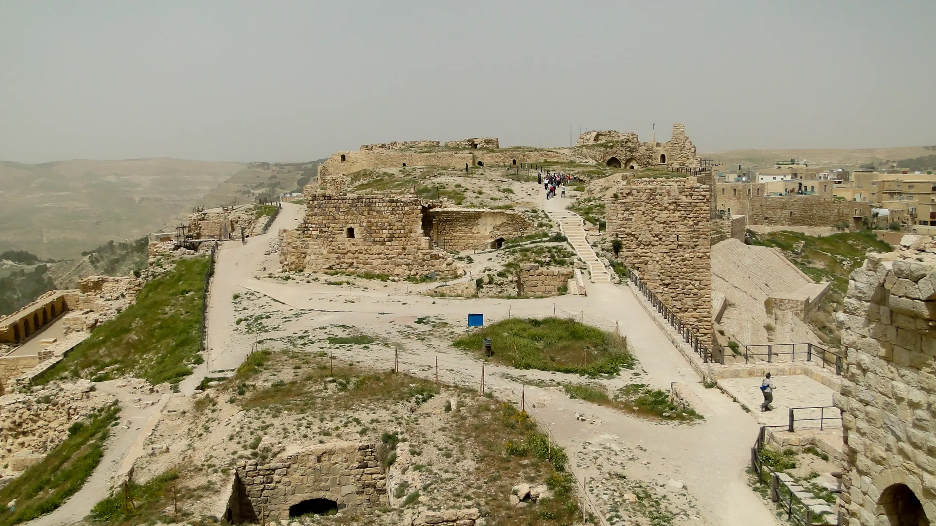 The upper court of Karak Castle and the surrounding hills in Al Karak, Jordan.