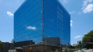 Glass-walled United States Courthouse at First Street and Broadway in downtown Los Angeles.