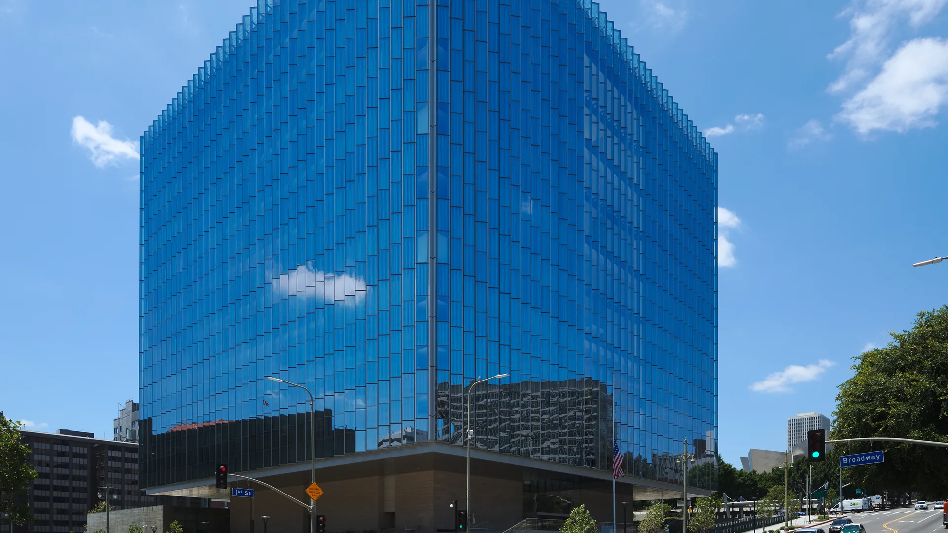 Glass-walled United States Courthouse at First Street and Broadway in downtown Los Angeles.