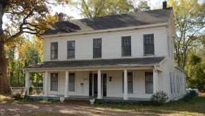 A two-story white frame building with a front porch in the New Edinburg Commercial Historic District, Cleveland County, Arkansas.