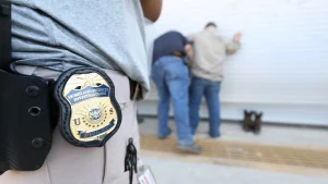 U.S. Immigration and Customs Enforcement Homeland Security Investigations special agents during a federal search-warrant operation
