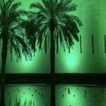 The U.S. Embassy in Riyadh, Saudi Arabia, lit green for Saudi Foundation Day in February 2022.