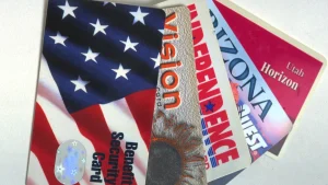 Electronic benefit transfer cards from several states fanned out on a table.