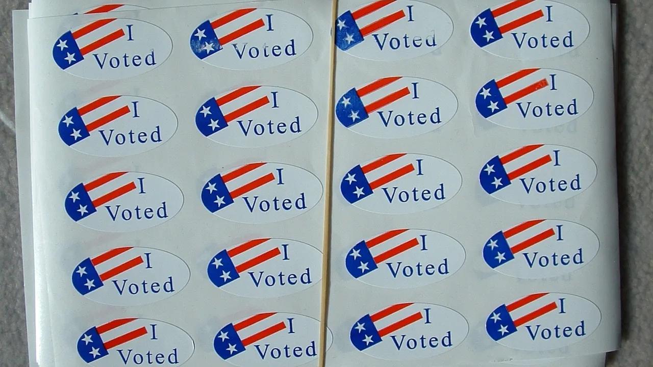 A sheet of oval "I Voted" stickers printed with a small American flag