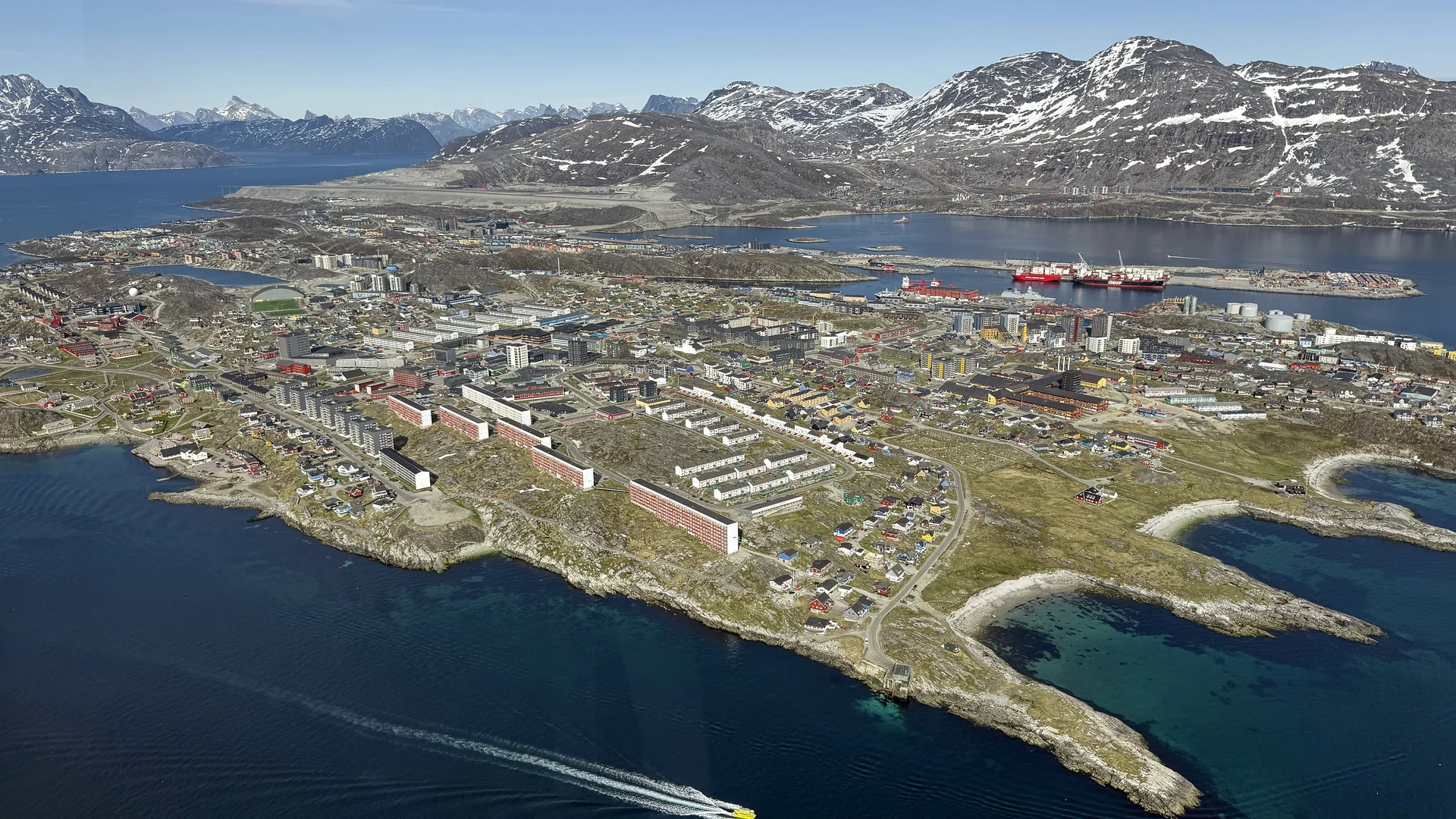 Aerial view of downtown Nuuk, Greenland, from a helicopter