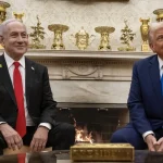 Israeli Prime Minister Benjamin Netanyahu and President Donald Trump sit side by side in the Oval Office in front of a fireplace
