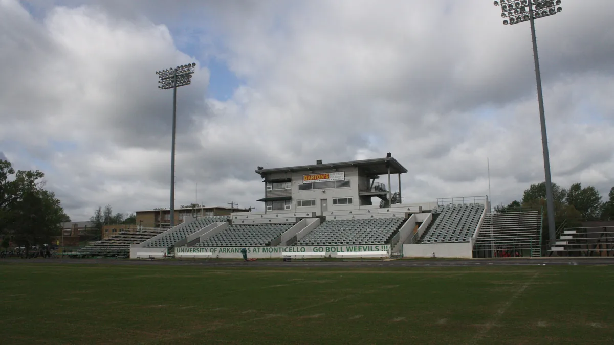 Willis Convoy Leslie Cotton Boll Stadium bleachers and press box at UAM in Monticello