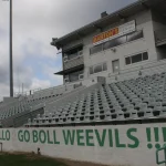 Home grandstand and press box at Willis "Convoy" Leslie Cotton Boll Stadium on the UAM campus in Monticello.