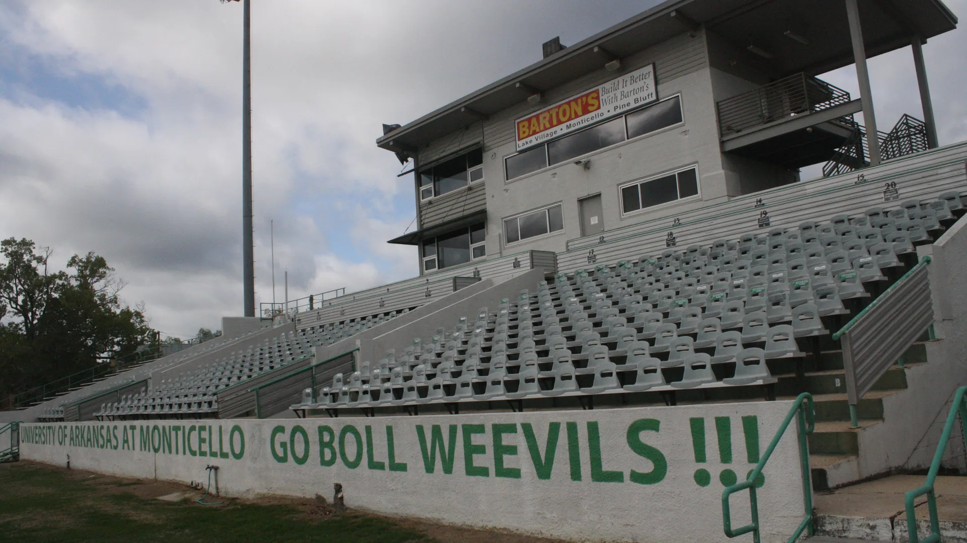 Home grandstand and press box at Willis "Convoy" Leslie Cotton Boll Stadium on the UAM campus in Monticello.