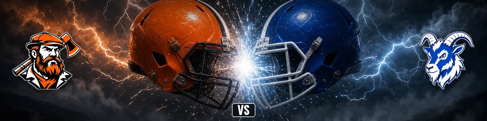 An orange football helmet with a black facemask and a blue helmet with a silver facemask crash together under a stormy sky, between a bearded lumberjack with an axe on the left and a blue and white billy goat head on the right.