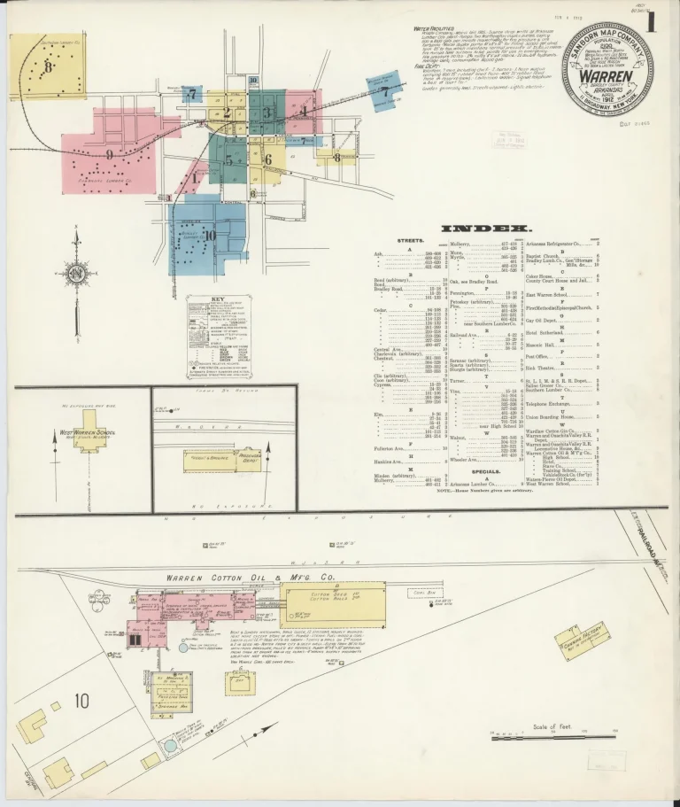 Hand-colored 1912 fire insurance map title sheet for Warren, with a round title seal, a small color-coded key map of the map sheets covering town, a printed index, and blocks of outlying buildings below.