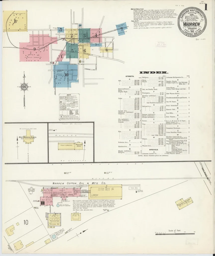 Hand-colored 1912 fire insurance map title sheet for Warren, with a round title seal, a small color-coded key map of the map sheets covering town, a printed index, and blocks of outlying buildings below.
