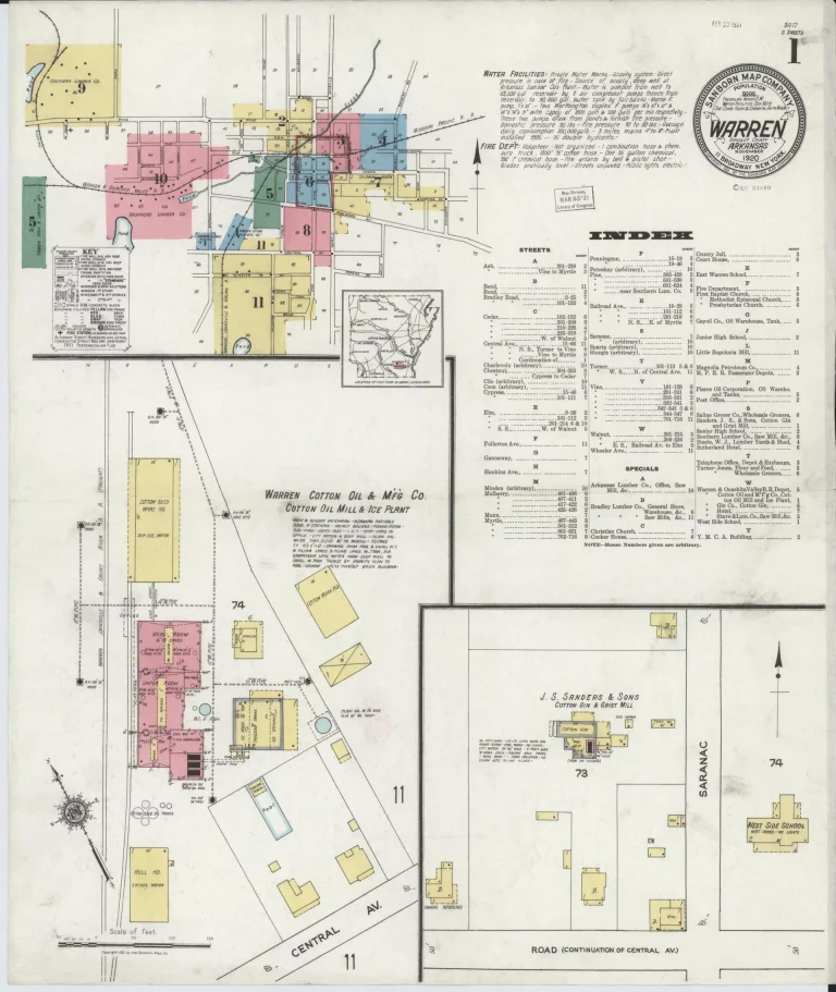 Hand-colored 1920 fire insurance map title sheet for Warren, with a round title seal, a small color-coded key map of the map sheets covering town, a printed index, and blocks of outlying buildings below.