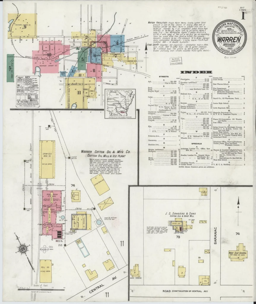 Hand-colored 1920 fire insurance map title sheet for Warren, with a round title seal, a small color-coded key map of the map sheets covering town, a printed index, and blocks of outlying buildings below.