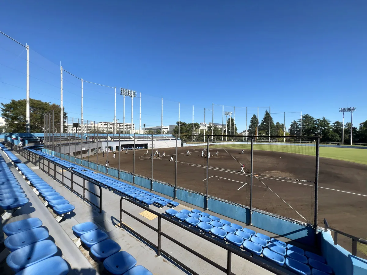 Baseball field seen from the grandstand on a sunny day