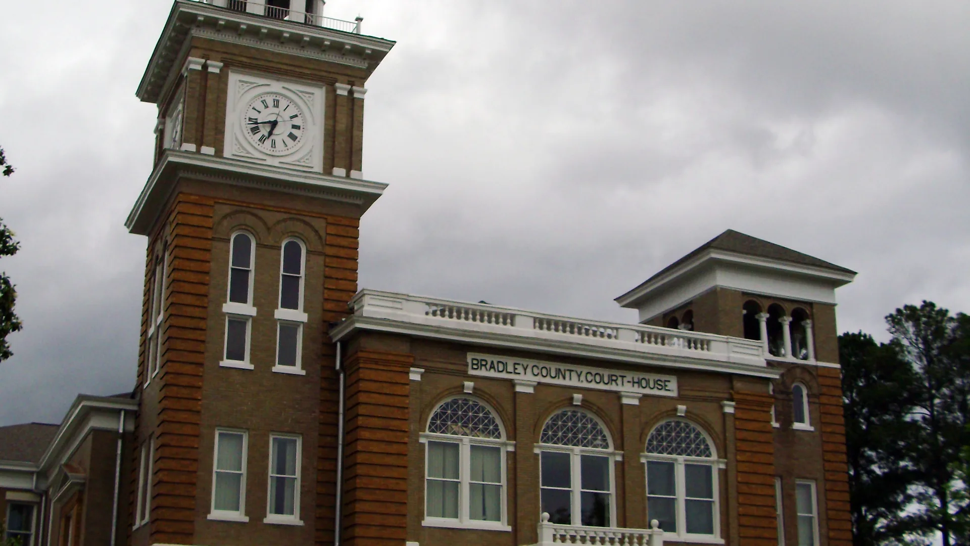 Bradley County Courthouse in Warren, Arkansas, exterior view with its clock tower