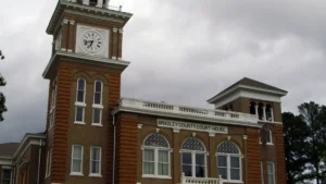 Bradley County Courthouse in Warren, Arkansas, exterior view with its clock tower