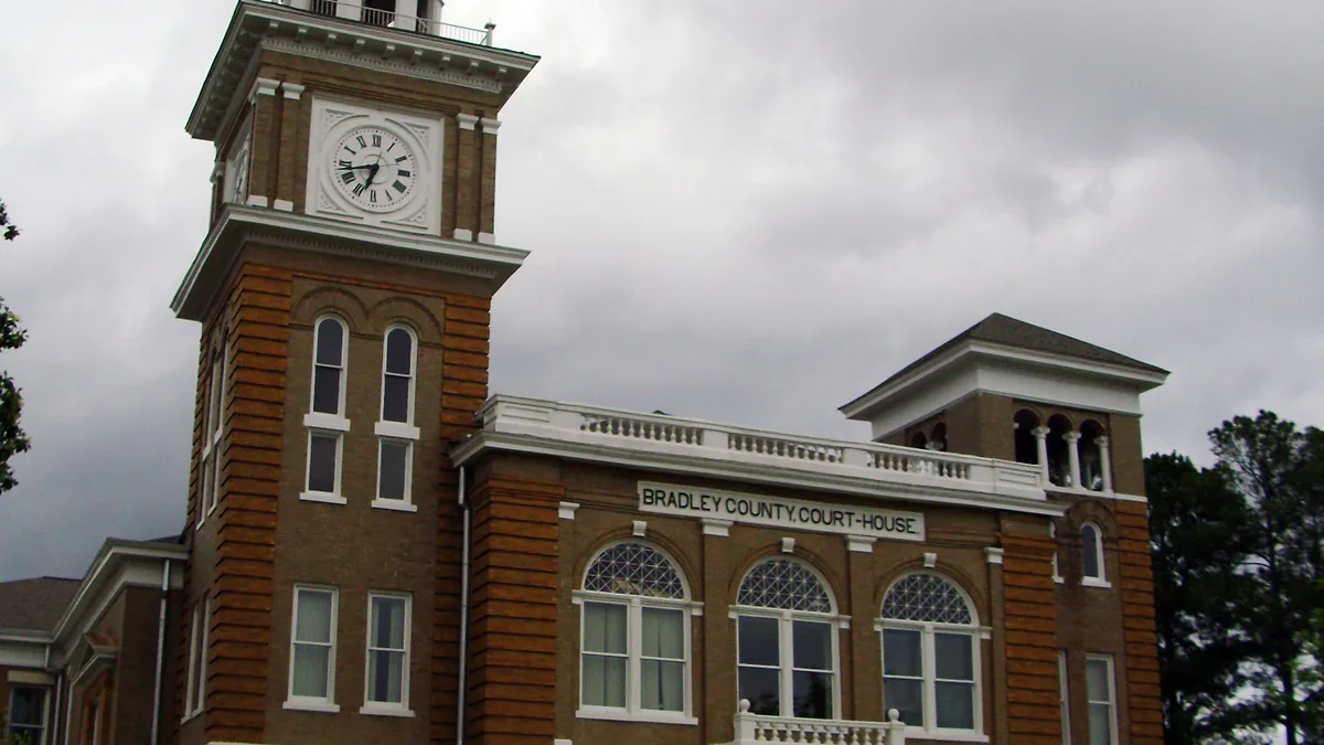 Bradley County Courthouse in Warren, Arkansas, exterior view with its clock tower