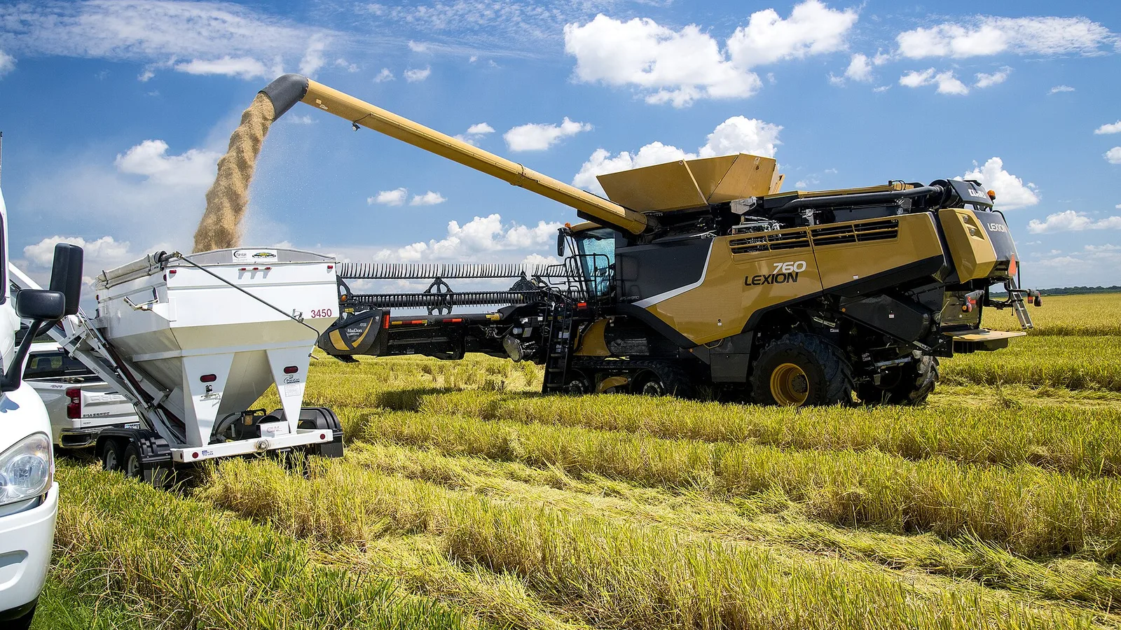 A combine harvesting rice in a golden field and unloading into a grain cart in Arkansas.