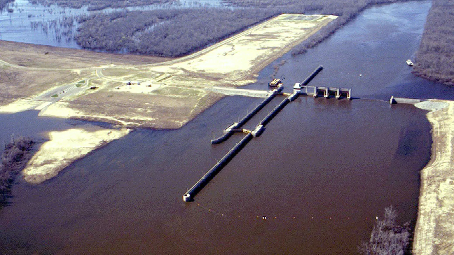 Aerial view of the Felsenthal Lock and Dam on the Ouachita River in Arkansas.