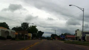 Highway 29B running through Hope, Arkansas, under an overcast sky.