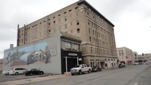 The Hotel Pines building on a downtown street in Pine Bluff, Arkansas.