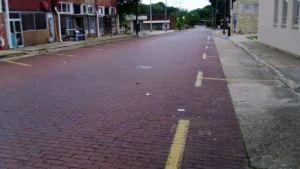 A long brick-paved street in downtown Warren, Arkansas, lined with older brick buildings and trees.